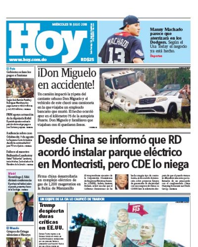 Portada Periódico Hoy, Miércoles 18 de Julio 2018