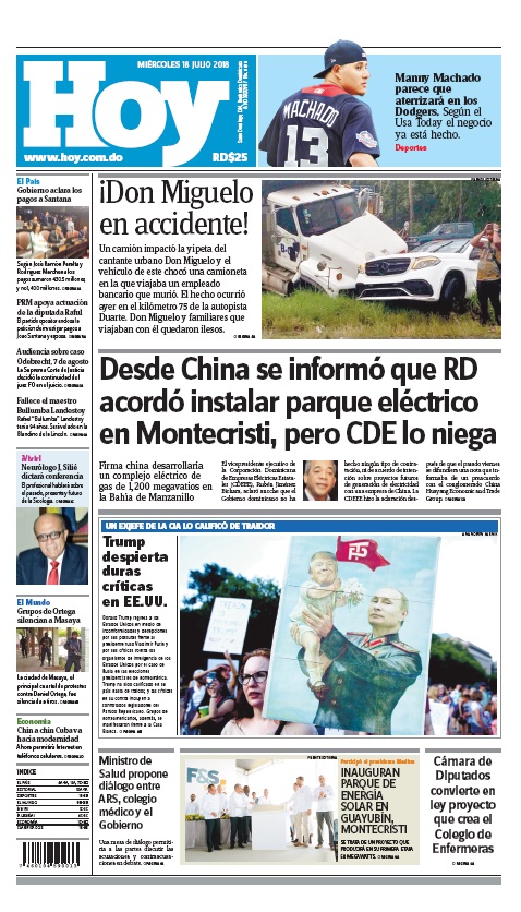 Portada Periódico Hoy, Miércoles 18 de Julio 2018