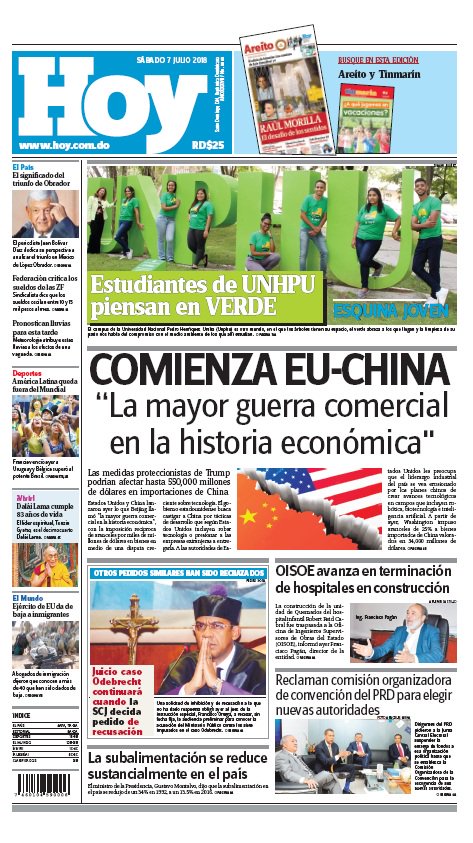 Portada Periódico Hoy, Sábado 07 de Julio 2018