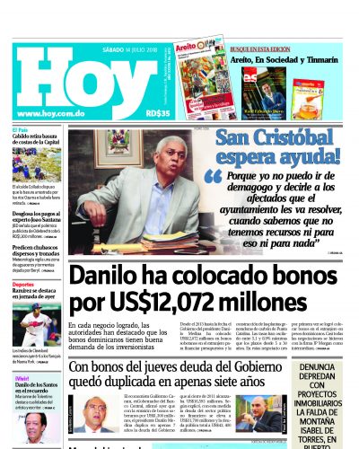 Portada Periódico Hoy, Sábado 14 de Julio 2018