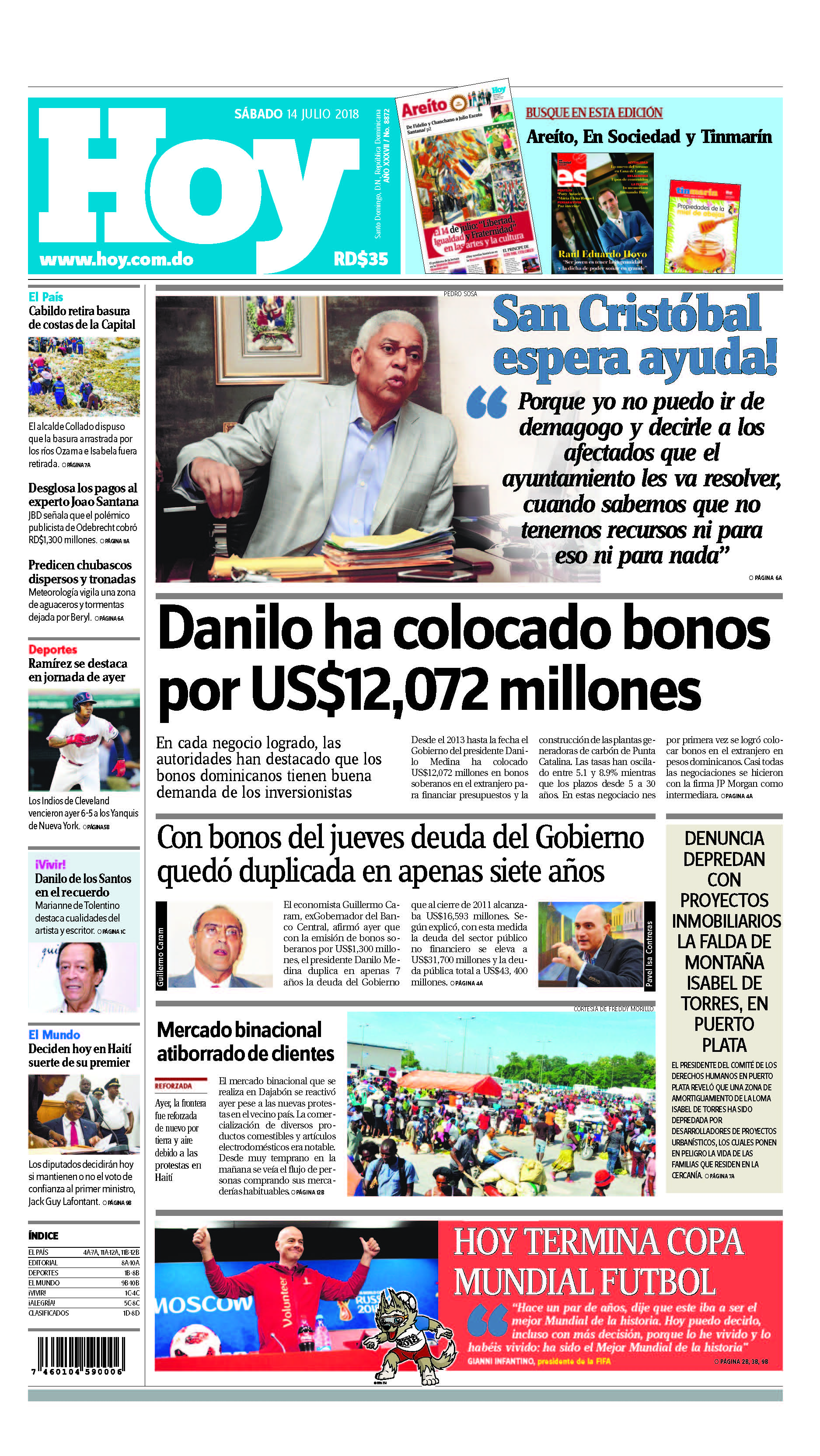 Portada Periódico Hoy, Sábado 14 de Julio 2018