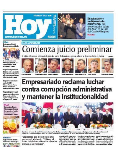 Portada Periódico Hoy, Viernes 06 de Julio 2018