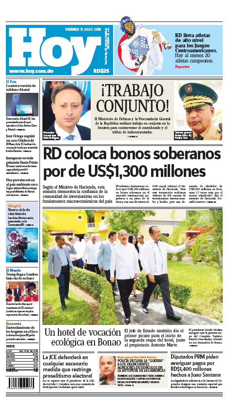 Portada Periódico Hoy, Viernes 13 de Julio 2018