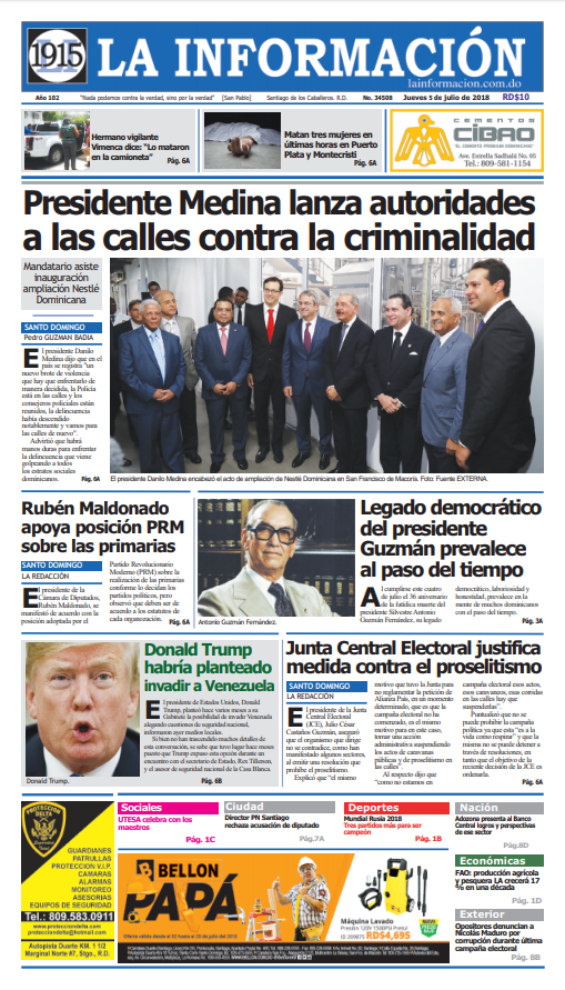 Portada Periódico La Información, Jueves 05 de Julio 2018