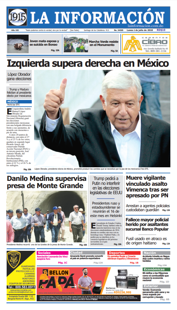 Portada Periódico La Información, Lunes 02 de Julio 2018