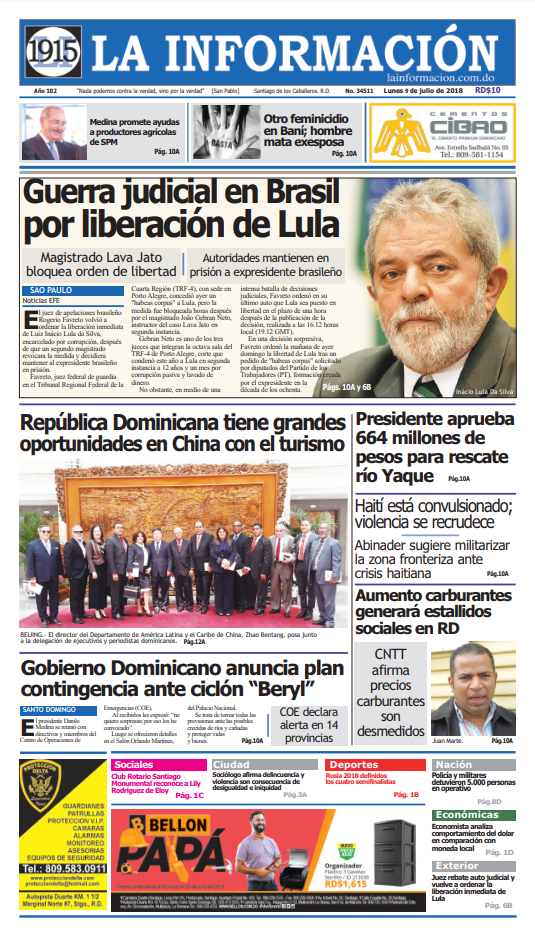 Portada Periódico La Información, Lunes 09 de Julio 2018