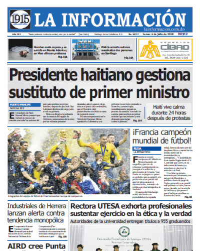 Portada Periódico La Información, Lunes 16 de Julio 2018