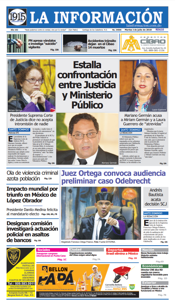 Portada Periódico La Información, Martes 03 de Julio 2018