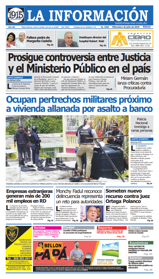 Portada Periódico La Información, Miércoles 04 de Julio 2018