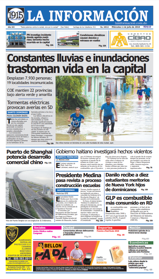 Portada Periódico La Información, Miércoles 11 de Julio 2018