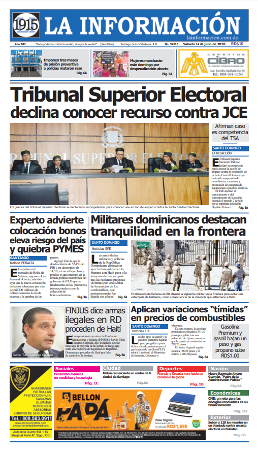 Portada Periódico La Información, Sábado 14 de Julio 2018