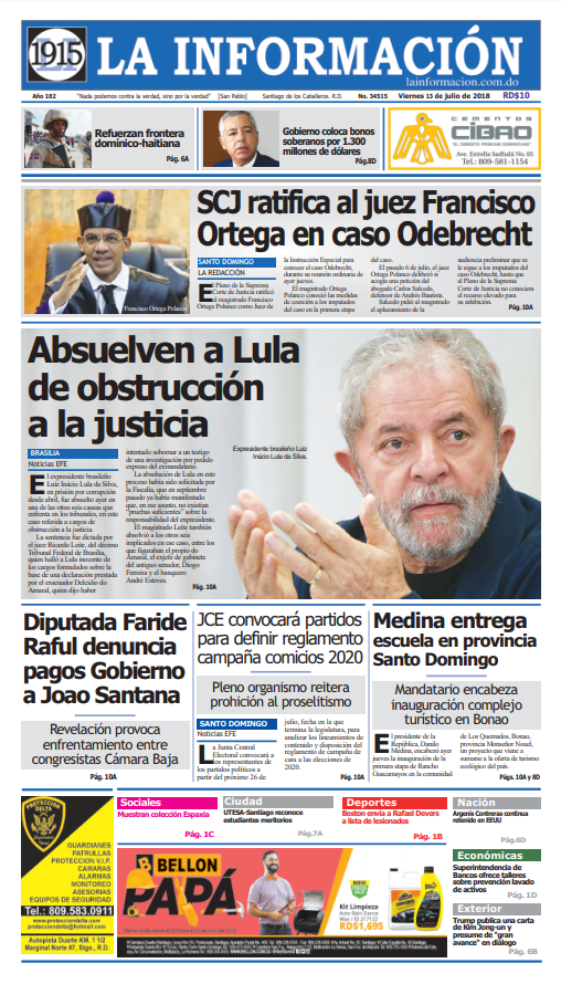 Portada Periódico La Información, Viernes 13 de Julio 2018