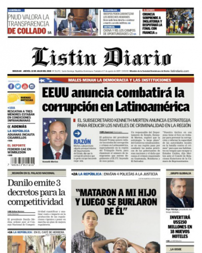 Portada Periódico Listín Diario, Jueves 12 de Julio 2018