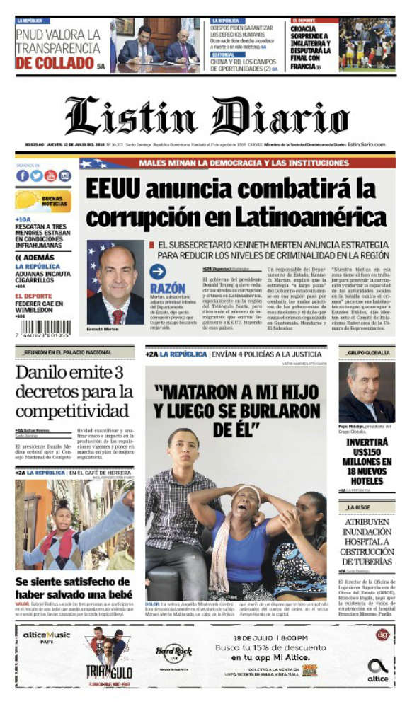 Portada Periódico Listín Diario, Jueves 12 de Julio 2018