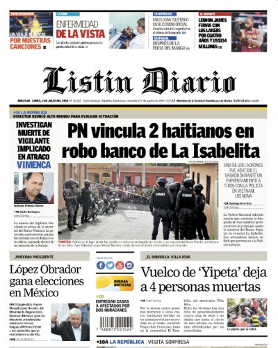 Portada Periódico Listín Diario, Lunes 02 de Julio 2018