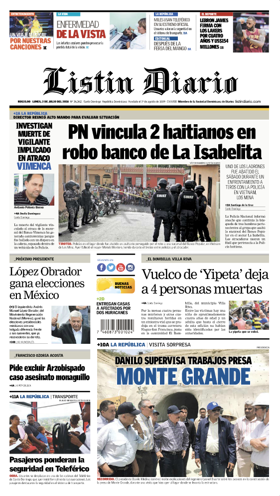 Portada Periódico Listín Diario, Lunes 02 de Julio 2018