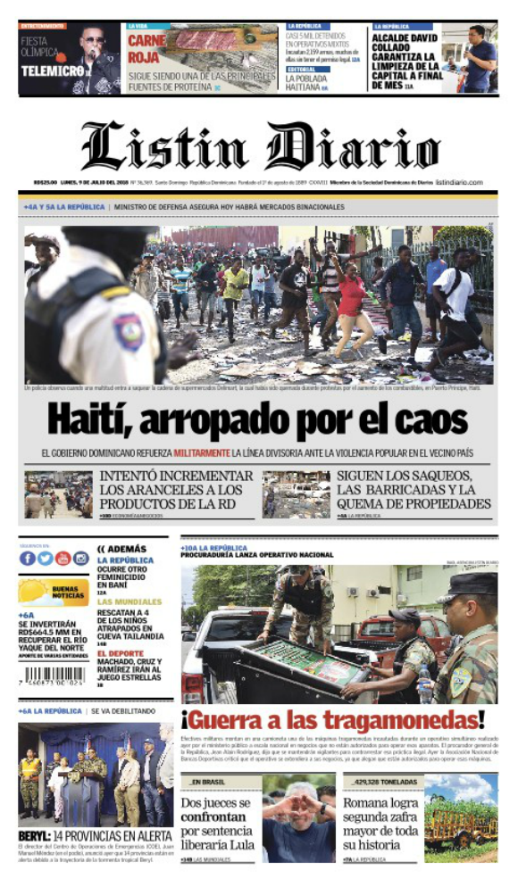 Portada Periódico Listín Diario, Lunes 09 de Julio 2018