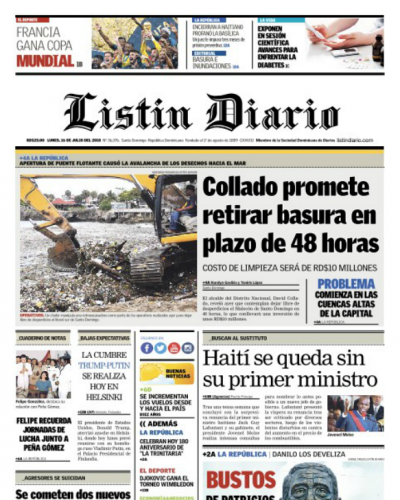 Portada Periódico Listín Diario, Lunes 16 de Julio 2018