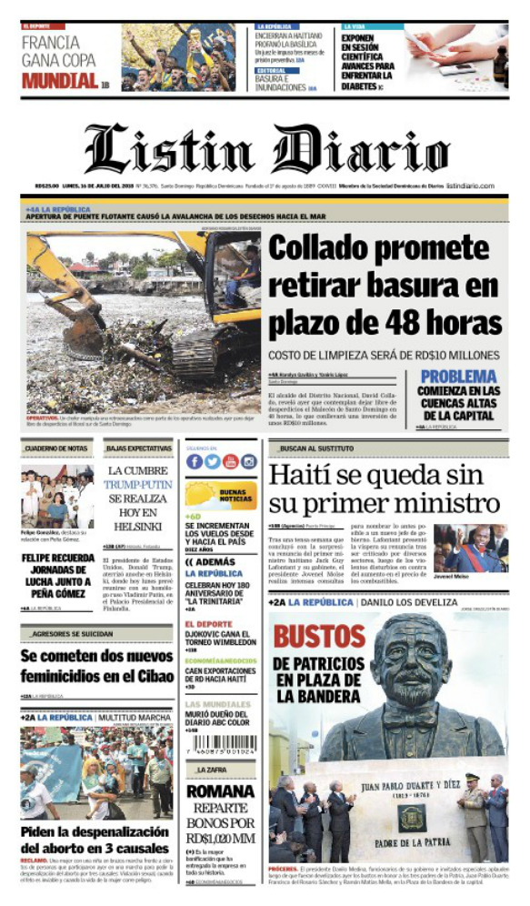 Portada Periódico Listín Diario, Lunes 16 de Julio 2018
