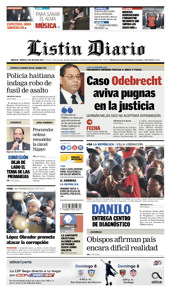 Portada Periódico Listín Diario, Martes 03 de Julio 2018