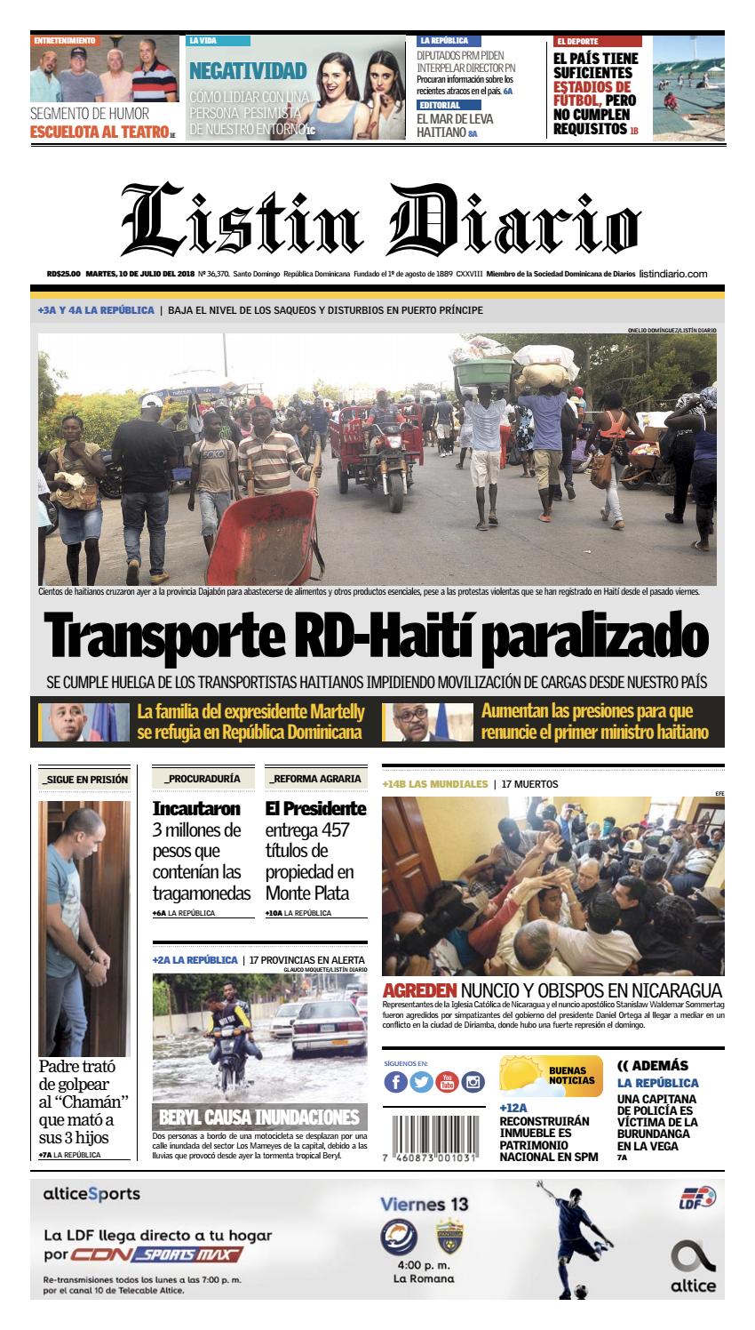 Portada Periódico Listín Diario, Martes 10 de Julio 2018