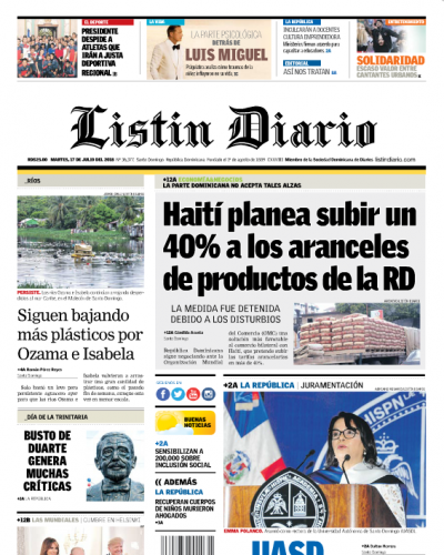 Portada Periódico Listín Diario, Martes 17 de Julio 2018