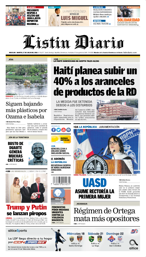 Portada Periódico Listín Diario, Martes 17 de Julio 2018