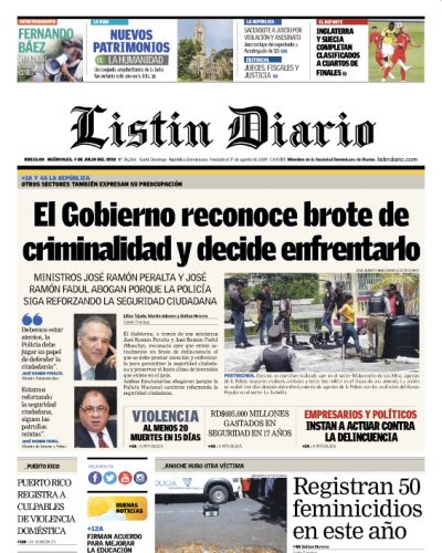 Portada Periódico Listín Diario, Miércoles 04 de Julio 2018