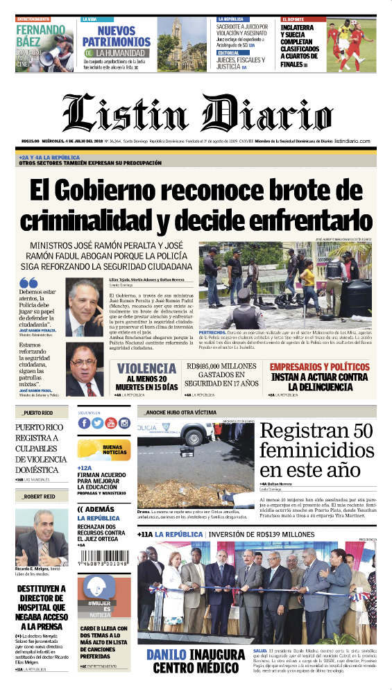 Portada Periódico Listín Diario, Miércoles 04 de Julio 2018