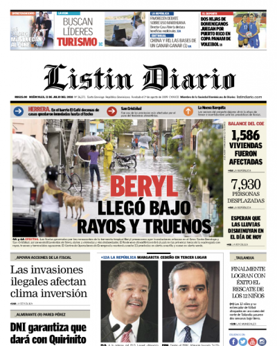 Portada Periódico Listín Diario, Miércoles 11 de Julio 2018