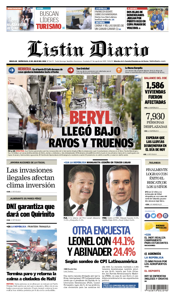 Portada Periódico Listín Diario, Miércoles 11 de Julio 2018