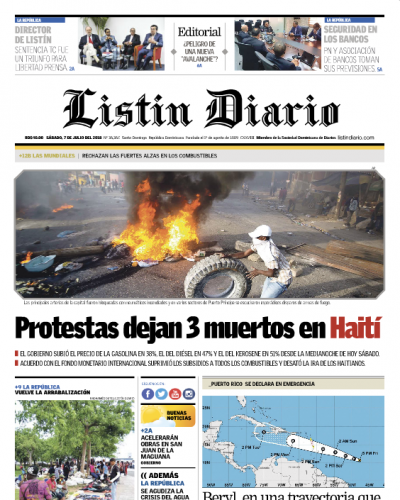 Portada Periódico Listín Diario, Sábado 07 de Julio 2018