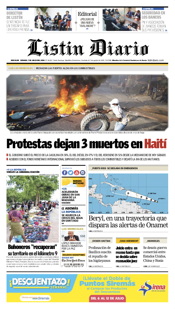 Portada Periódico Listín Diario, Sábado 07 de Julio 2018