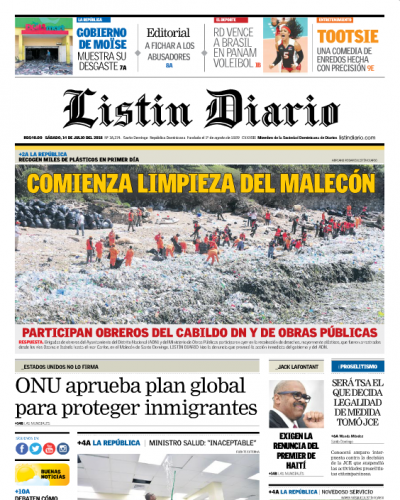 Portada Periódico Listín Diario, Sábado 14 de Julio 2018