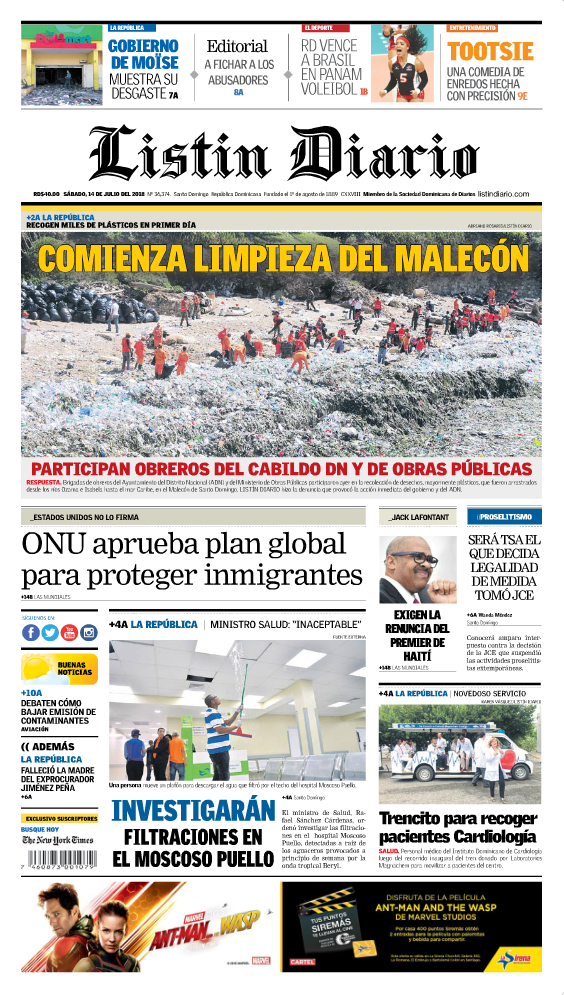 Portada Periódico Listín Diario, Sábado 14 de Julio 2018