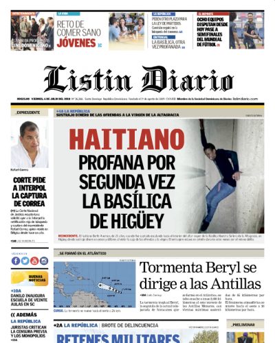 Portada Periódico Listín Diario, Viernes 06 de Julio 2018