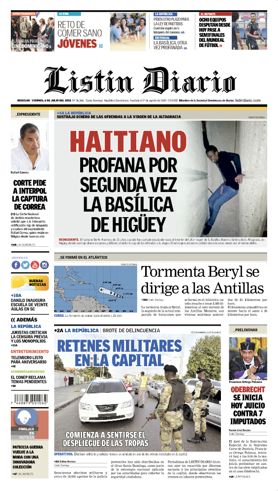 Portada Periódico Listín Diario, Viernes 06 de Julio 2018