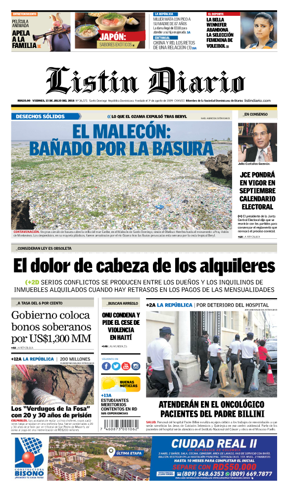 Portada Periódico Listín Diario, Viernes 13 de Julio 2018