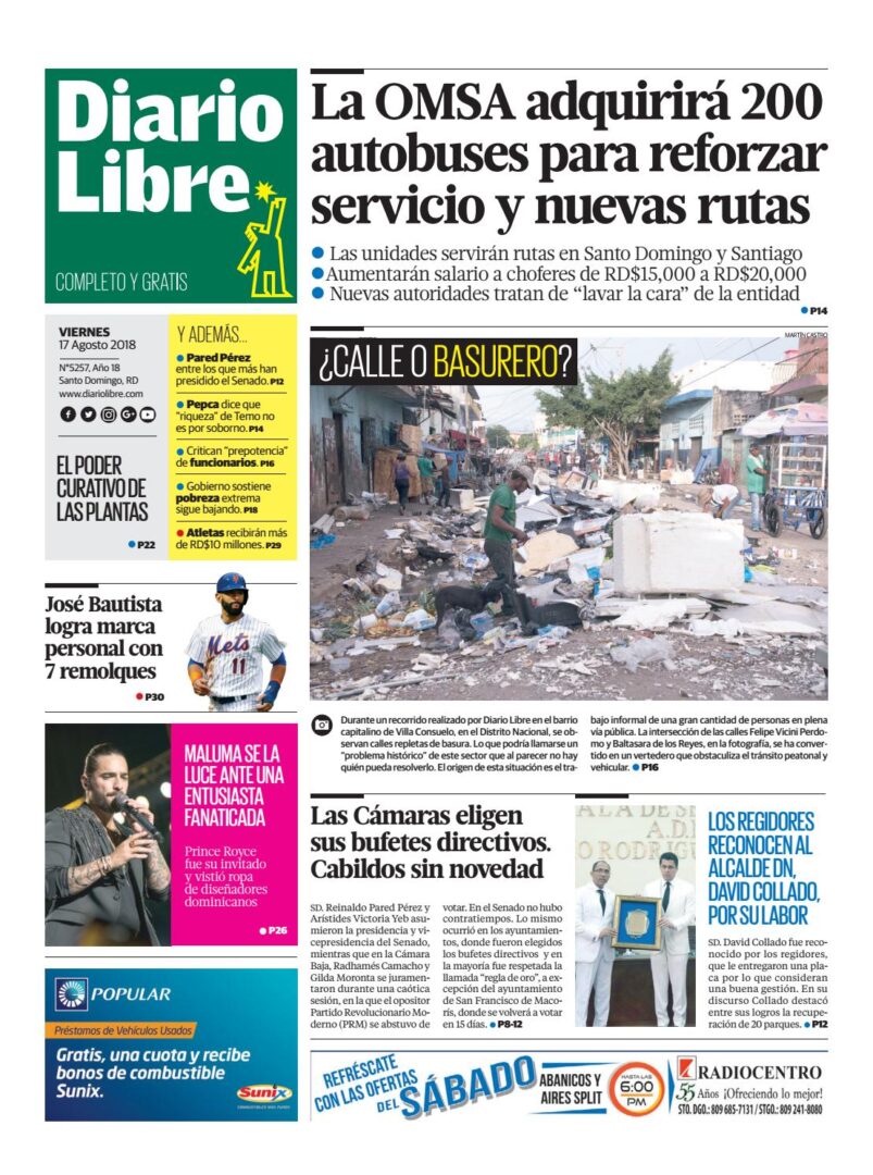 Portada Periódico Diario Libre, Viernes 17 de Agosto 2018