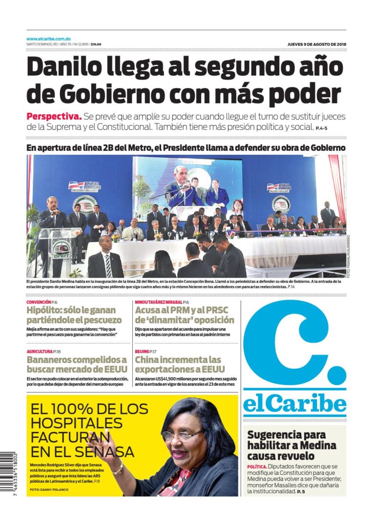 Portada Periódico El Caribe, Jueves 9 de Agosto 2018