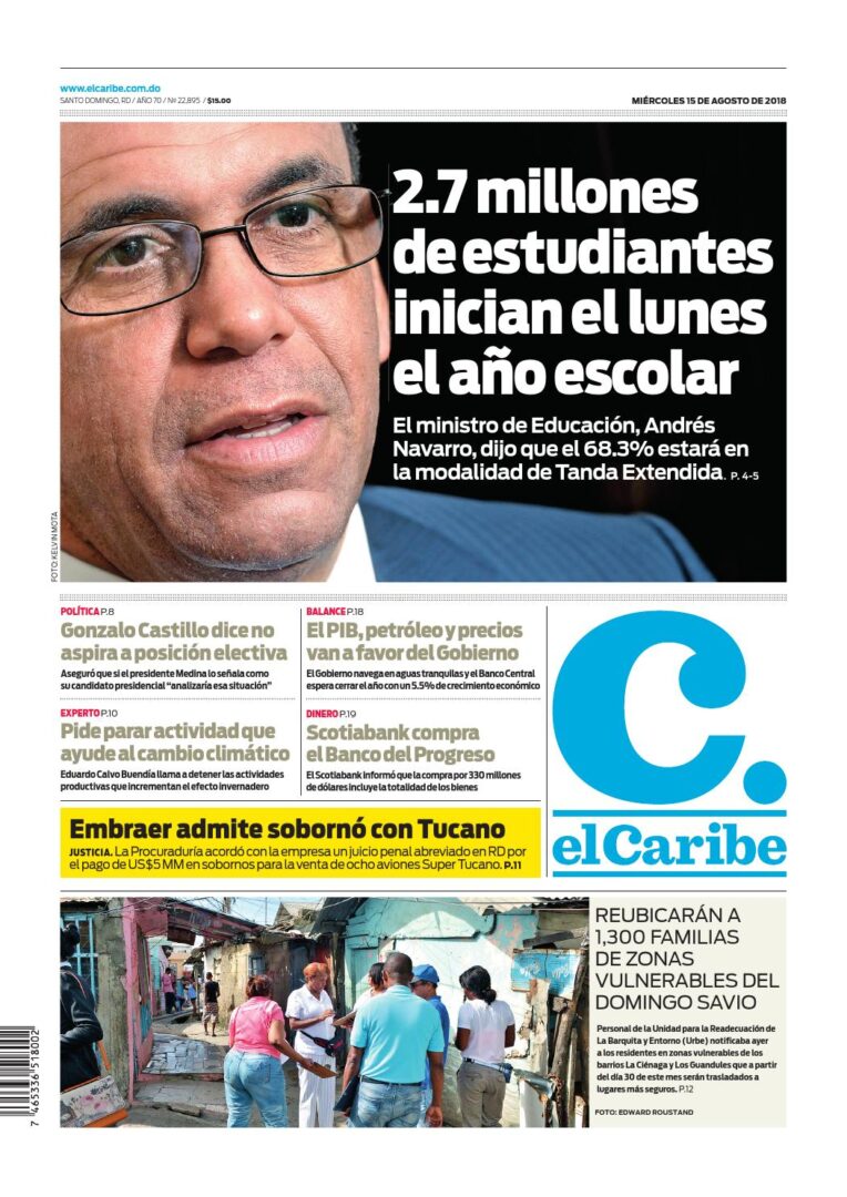 Portada Periódico El Caribe, Miércoles 15 de Agosto 2018