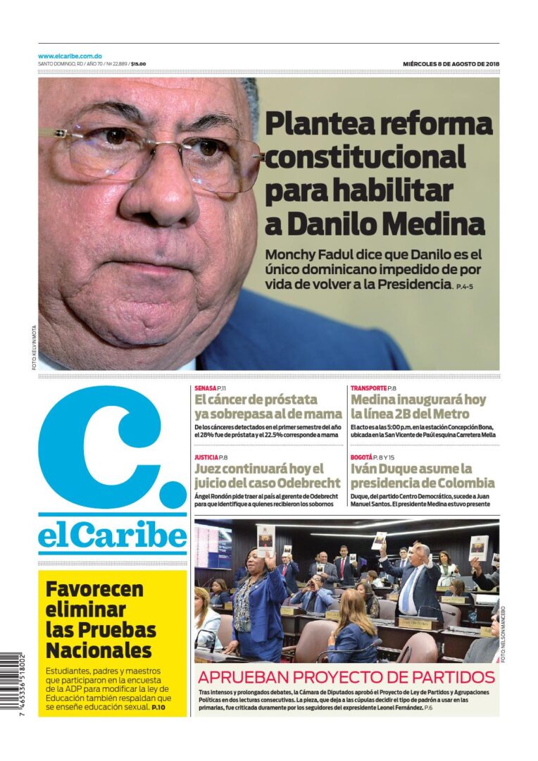 Portada Periódico El Caribe, Miércoles 8 de Agosto 2018