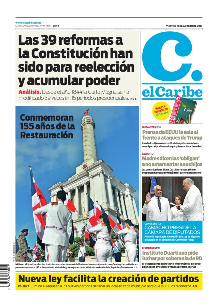 Portada Periódico El Caribe, Viernes 17 de Agosto 2018