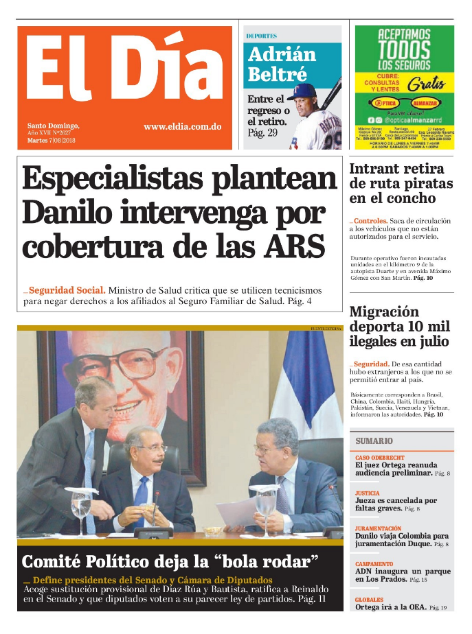 Portada Periódico El Día, Martes 7 de Agosto 2018