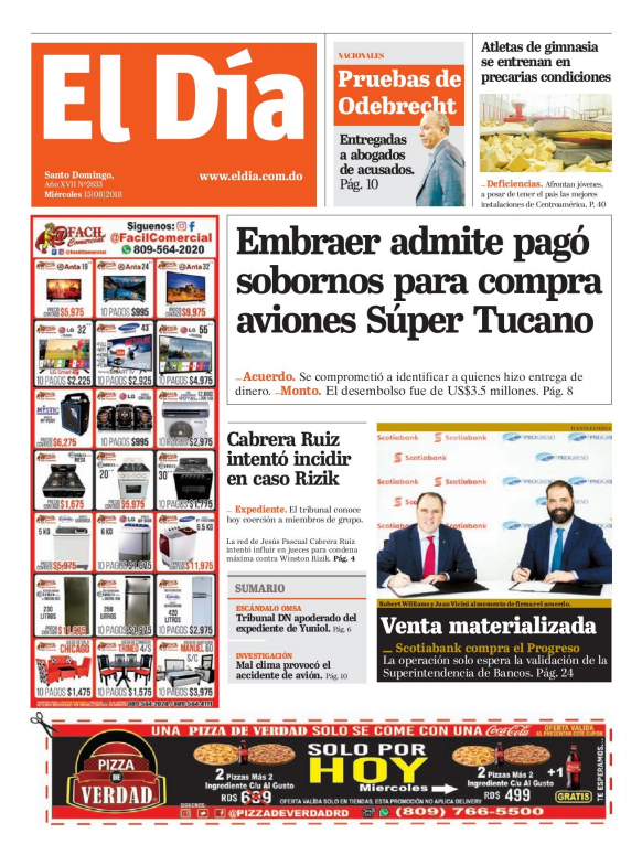 Portada Periódico El Día, Miércoles 15 de Agosto 2018