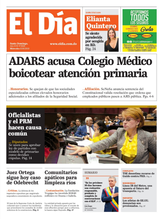 Portada Periódico El Día, Miércoles 8 de Agosto 2018