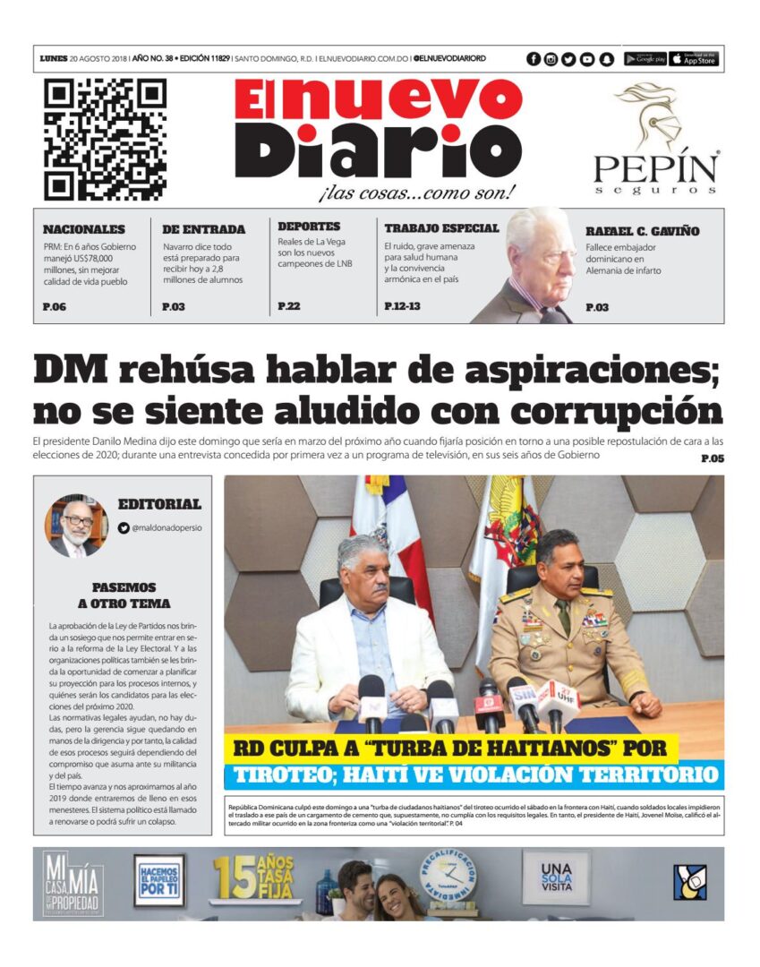 Portada Periódico El Nuevo Diario, Lunes 20 de Agosto 2018