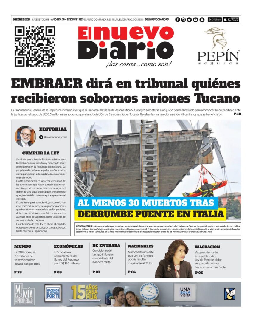 Portada Periódico El Nuevo Diario, Miércoles 15 de Agosto 2018