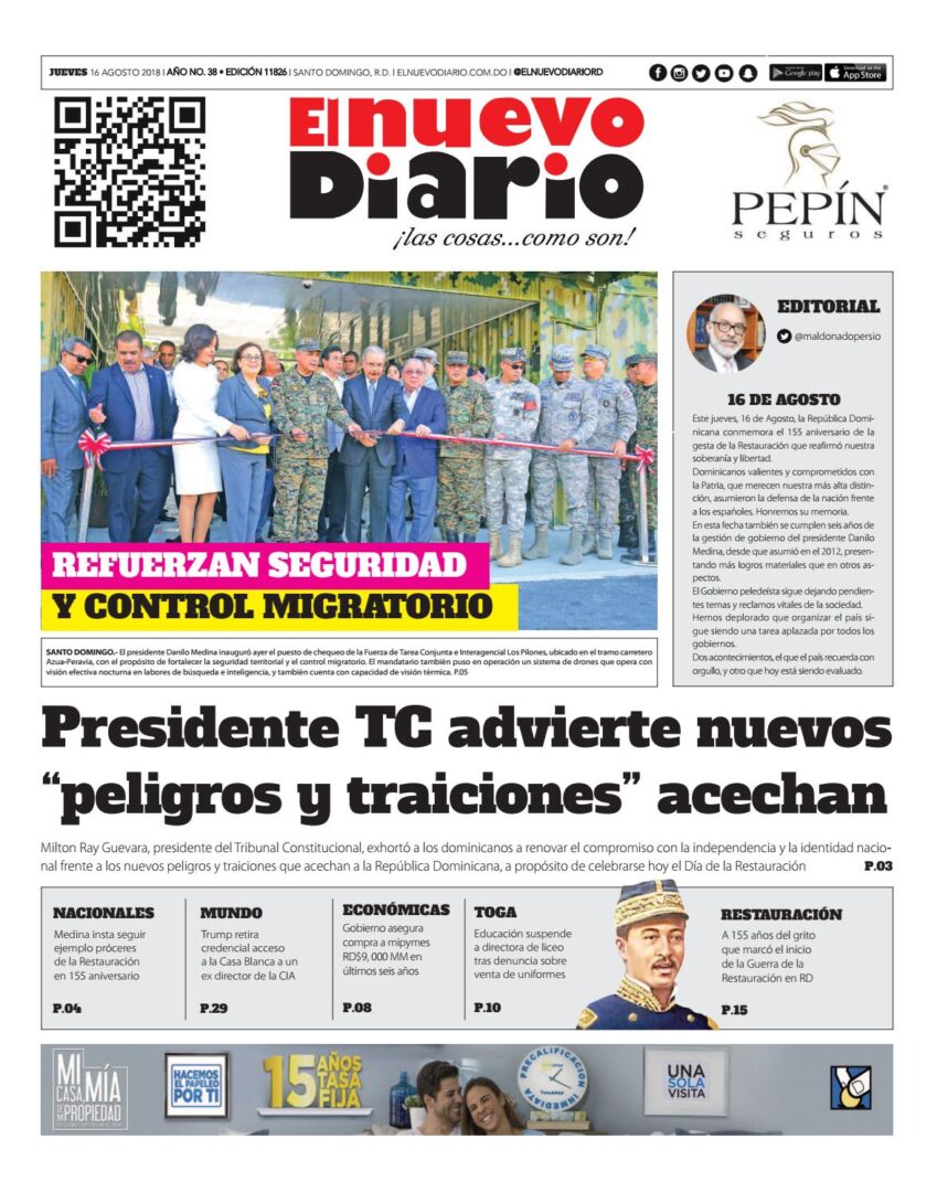 Portada Periódico El Nuevo Diario, Viernes 17 de Agosto 2018