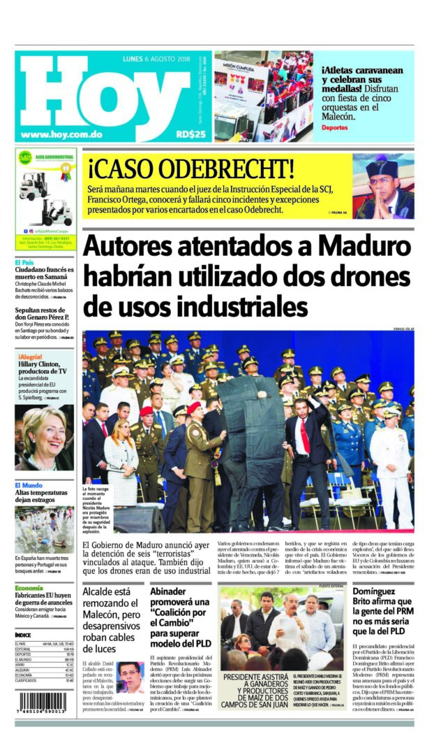 Portada Periódico Hoy, Lunes 6 de Agosto 2018